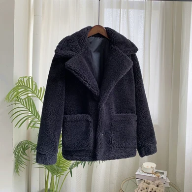 Navy Blue ZADORIN осенне-зимнее Свободное пальто с лацканами и длинными рукавами с карманом для женщин, большие размеры из искусственной овечьей шерсти меховая куртка женская уличная одежда - Цвет: Navy Blue