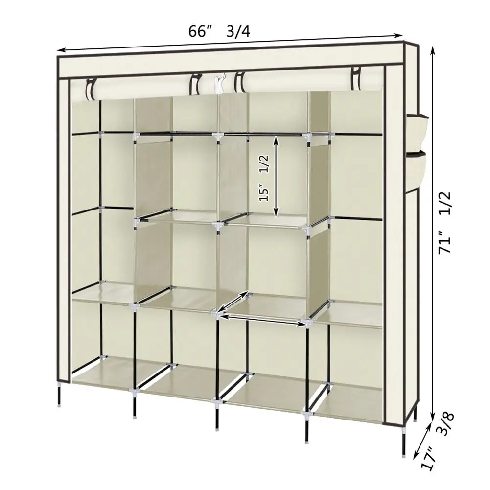 

Beige Cloth Closet Portable Wardrobe Cloth Storage Rack 12 Shelves 4 Pocket Non-Woven Fabric Cloth Closet