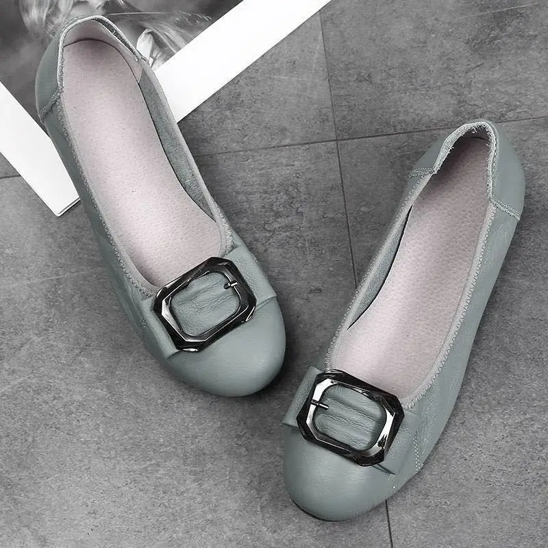 

Fashion Genuine Leather Ladies Ballet Flats Shoes Women Loafers Round Toe Metal Buckle Shallow Slip-On Boat Shoes Woman