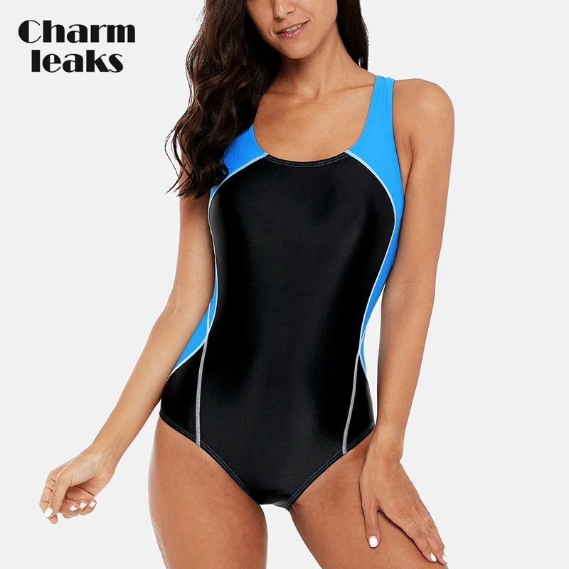 28Blue Charmleaks цельный женский спортивный купальные Костюм спортивный купальник пэчворк пляжная одежда купальный костюм Мягкий Бикини Monikini - Цвет: 28Blue