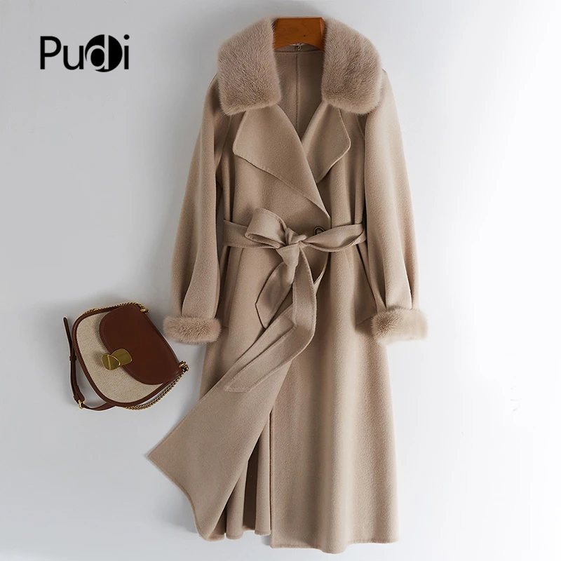 

Женское пальто Pudi из натурального меха норки, куртка, новинка 2021, лидер продаж, женское длинное шерстяное пальто с поясом, Тренч Z20119