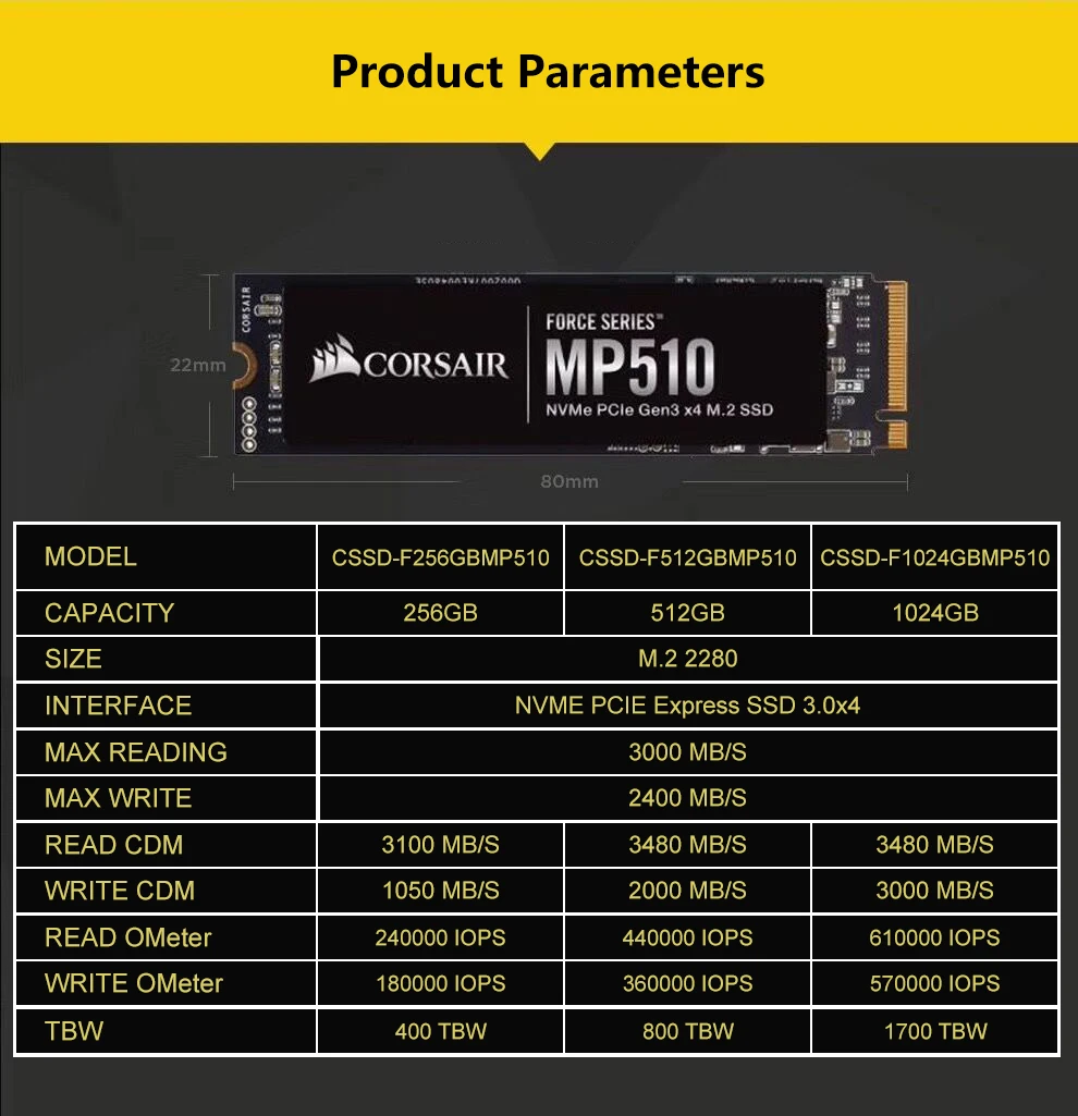 Твердотельный накопитель CORSAIR FORCE твердотельный MP510 240 ГБ 480 960 1920 3000 МБ/с. M.2 2280 |