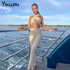 Женский комплект из двух предметов Yiallen, однотонный вязаный пляжный костюм в рубчик с вырезами и брюками, для отпуска, для лета, 2021