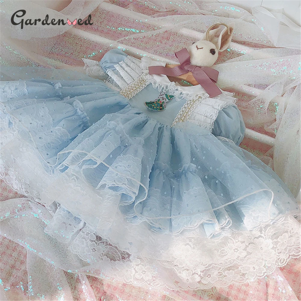 

2020 Puffy Boho Blue Princess Ball Gown Vintage Spanish Lolita Princess Birthday Party Dresses Kids Lace Flower Girl Dresses