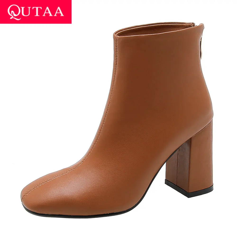 QUTAA PU Leather Ankle Boots Super Square High Heel Women Shoes Zipper Autumn Pointed Toe Motorcycle Casual Big Size 34-43