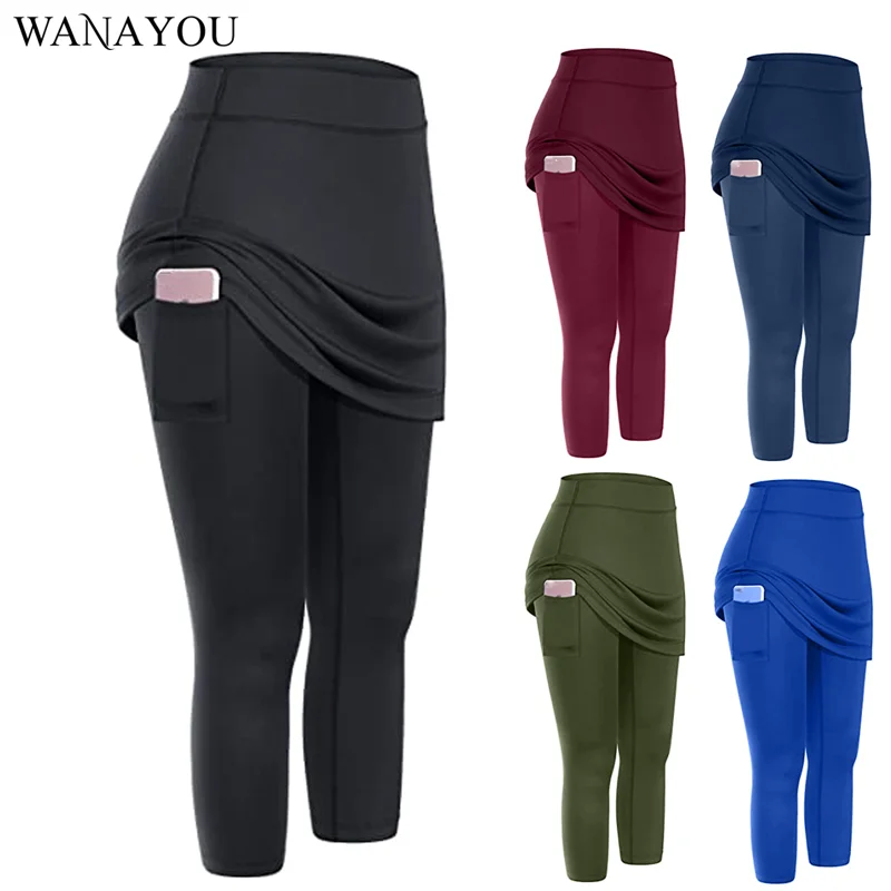 

WANAYOU with Pockets Yoga Pants,Elastic Women Running Outdoor Sports Fitness Leggings,High Waist Tennis Exercise Skirted Tights