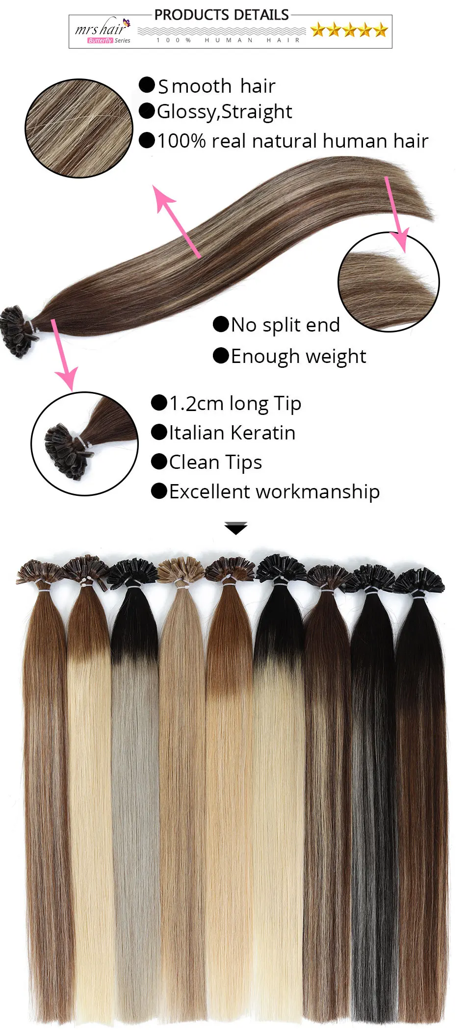 MRS HAIR, 1 г/шт., Омбре, накладные прямые волосы Remy Nail, кератиновые человеческие волосы, 50 шт., 14 дюймов, 18 дюймов, 20 дюймов