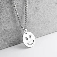 1pcs stainless steel happy smiling face round charm pendant chain necklace 45cm long