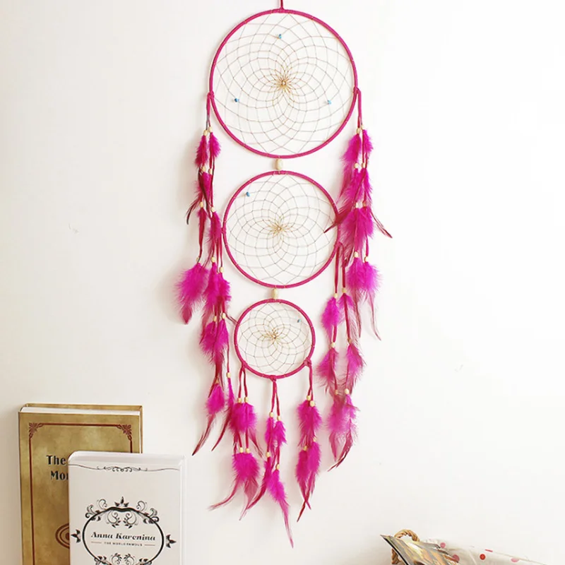 Rose red feather three ring big dream catcher home wall hanging handmade mother's day gift XR054 | Дом и сад