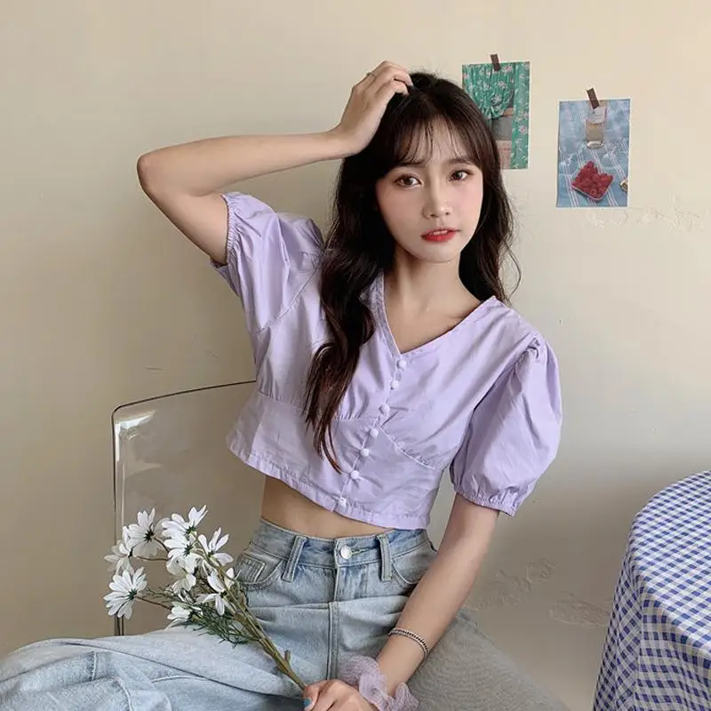

Women Blouses Puff-sleeve Summer V-neck Solid Short Shirts Womens Korean Style Single-breasted Sweet Students Chic All-match New