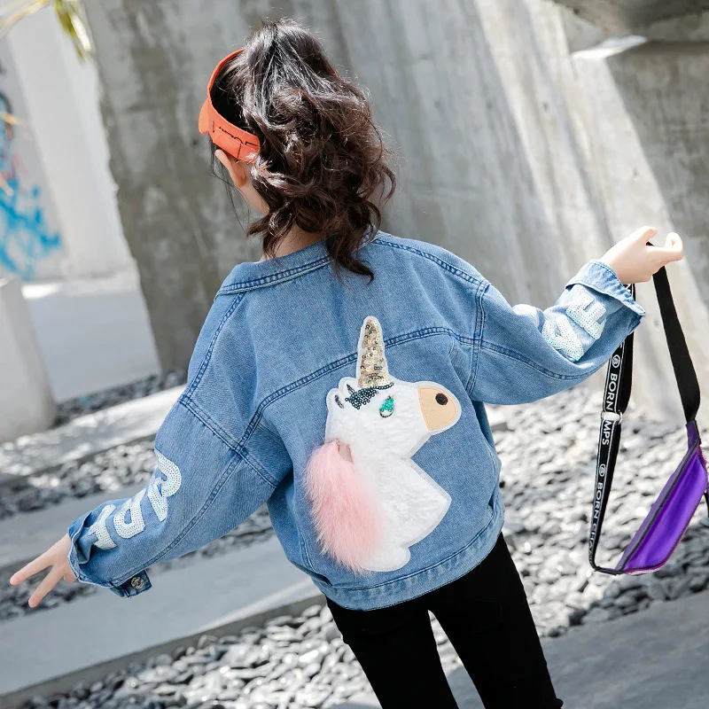 Единорогом для девочек Джинсовая куртка детей верхняя одежда ясельного возраста