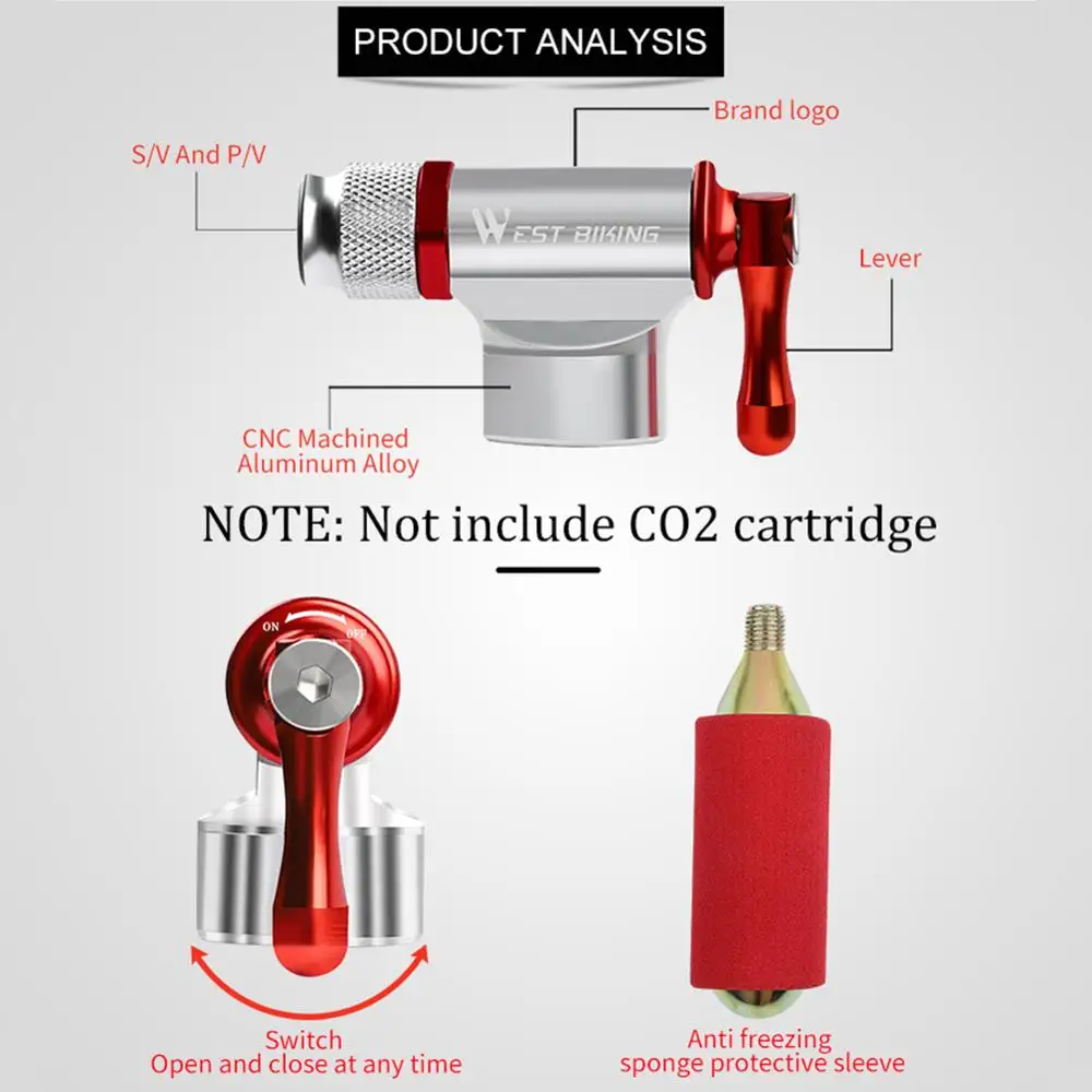 

WEST BIKING Mini Bicycle Pump Aluminum Alloy Portable MTB Road Bike CO2 Inflator for Basketball Football Cycling Accessories