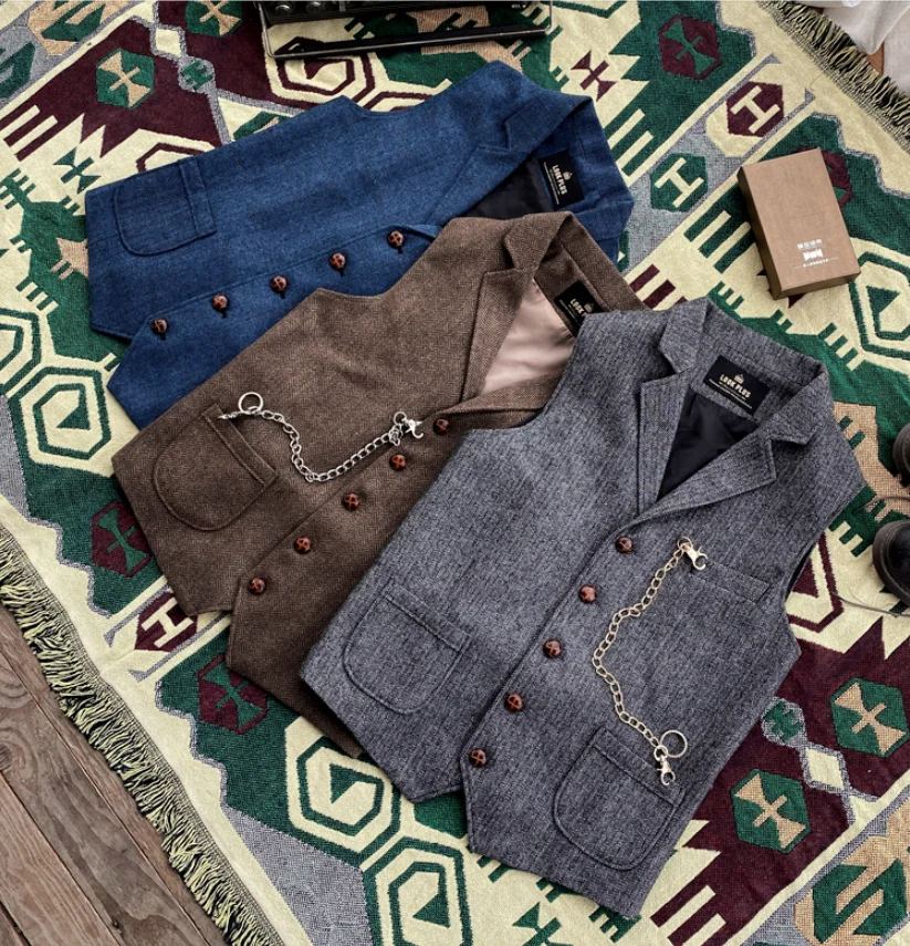 

Men's Tweed Herringbone Suit Vest Retro Lapel Jacket Sleeveless Steampunk Waistcoat
