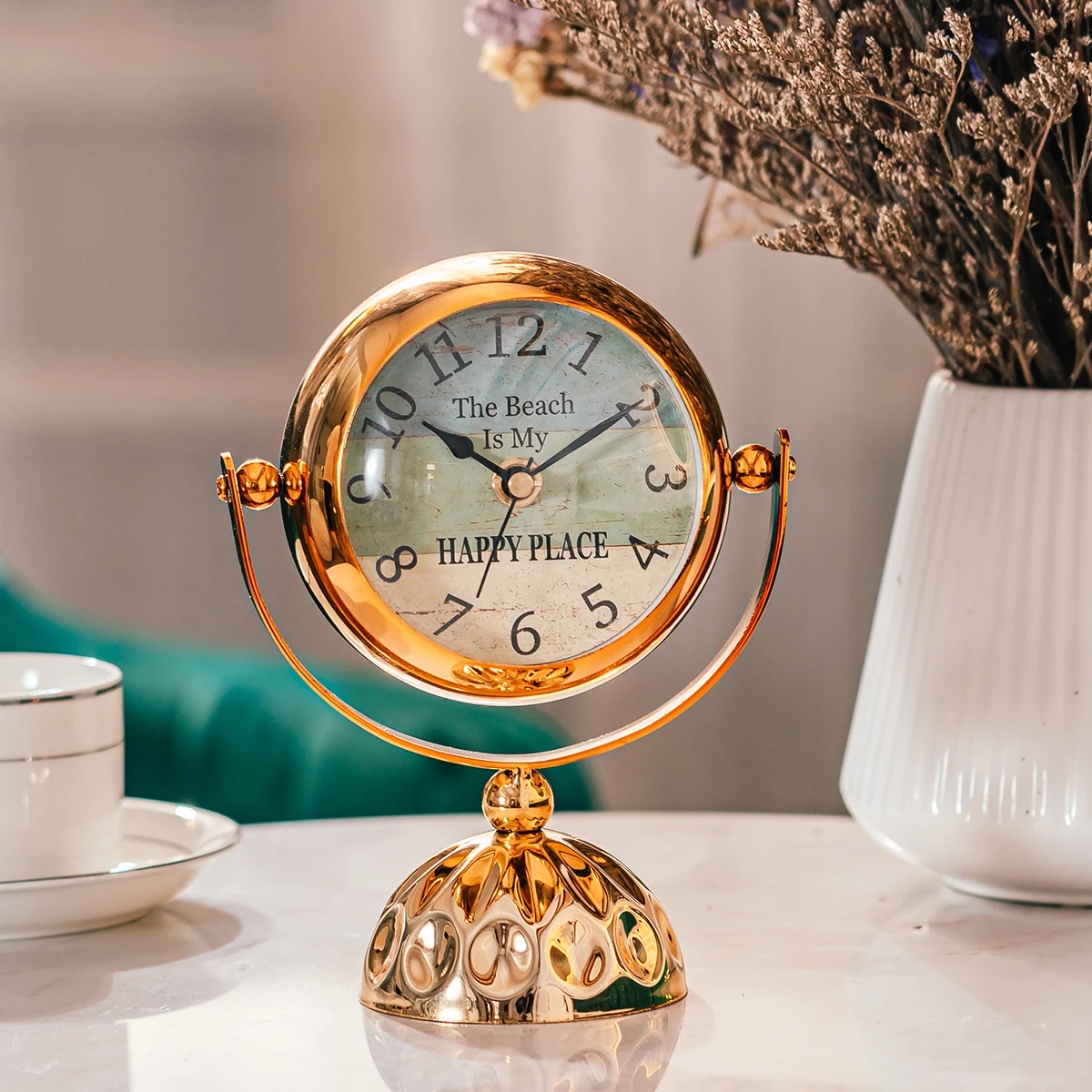 

Nordic Golden Vintage Table Clock Luxury Home Decor Mirror Retro Metal Alarm Clock Watch Table Living Room Fireplace Desk Watch