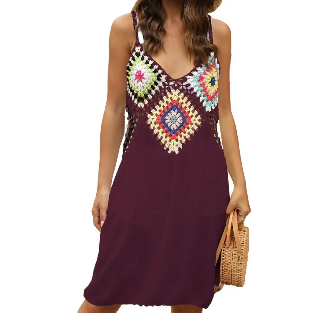 

50% Hot Sales Women V-neck Sling See-through Crochet Hollow Summer Dress Sundress for Beach