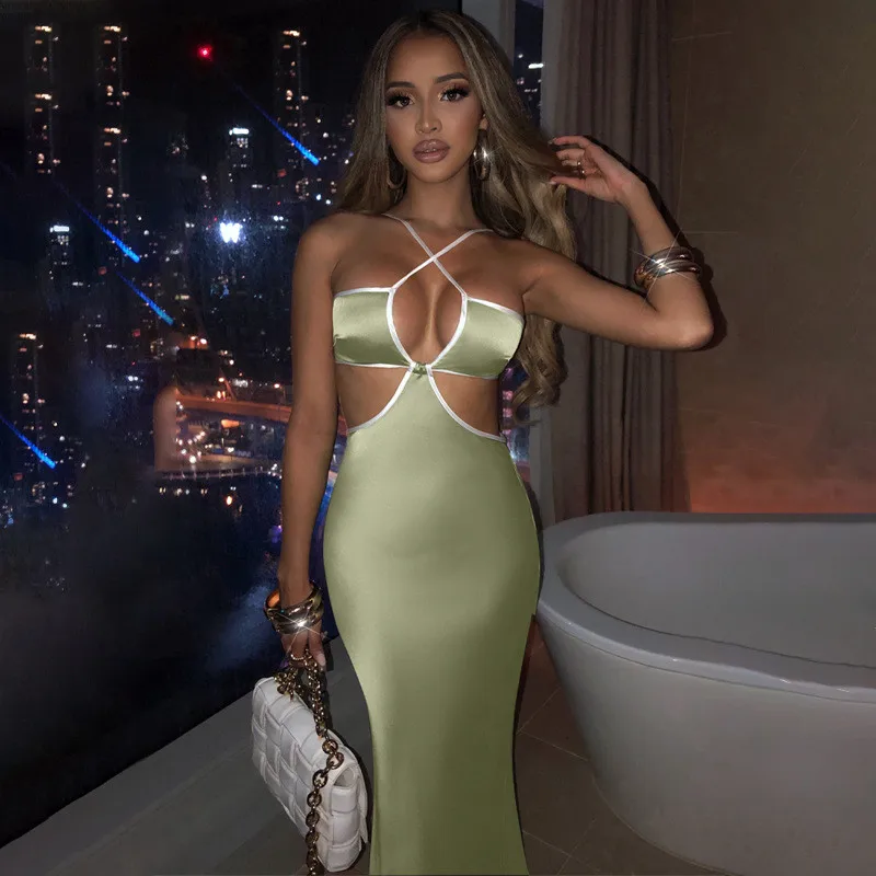 

2022 Sexy Spaghetti Strap Satin Long Dress Women Hollow Out Backless Bodycon Dresses Female Elegant Party Dress Vestidos Robes