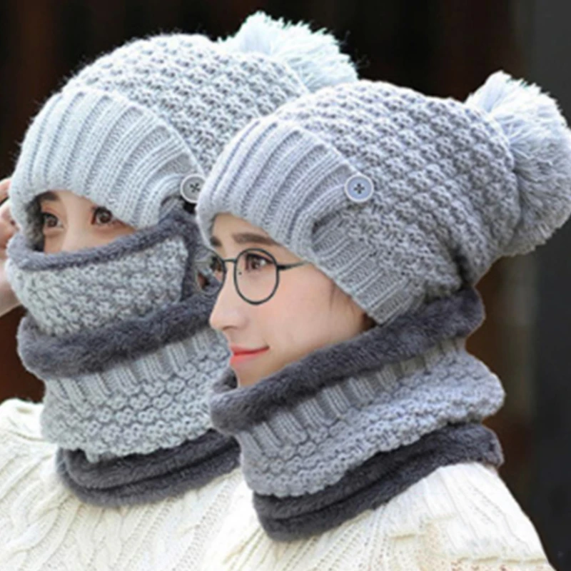 

3 Pcs/set Winter Women Hats With Breathing Mask 2in1 Knitted Cap Girl Pompoms Hat Warm Plush Lined Neck Scarf