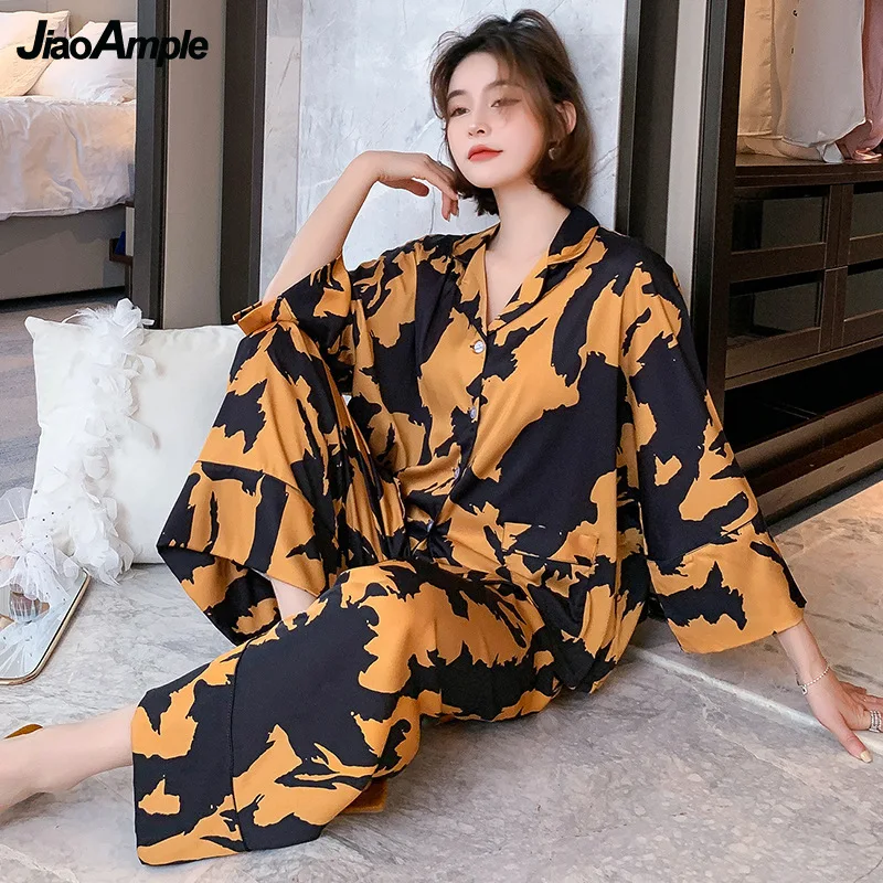 2022 Spring Autumn New Silk Pajamas Home Clothing Suit Women's Thin Long-sleeved Trousers Nightie Cardigan Pijamas Two-piece Set
