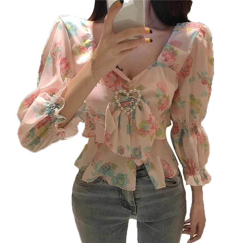 

XUXI Женская модная рубашка с бантом кружевом V-образным вырезом печатная шифоновая тонкая короткая блузка с оборками топ весна осень 2021 E709