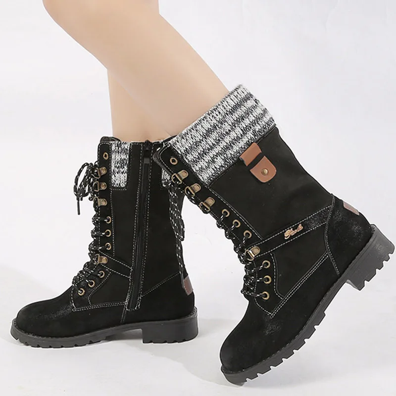 

2021 Women Mid-Calf Boots Fashion Sexy Boots Women Lace Up Shoes Woman Round Toe Ladies Flat Shoes Winter Keep Warm Female Boots