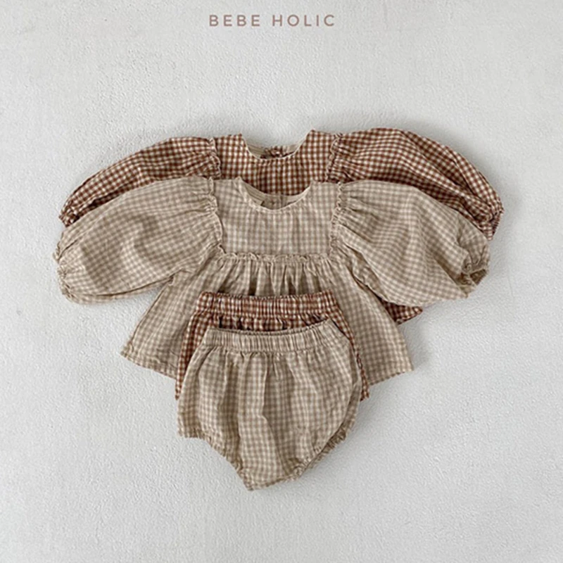 

Baby Girls Suit 2022 Baby Girls Clothes Little Plaid Infant Girls Clothes Set Puff Sleeve Blouse + Bloomer 2pcs Toddler Clothes
