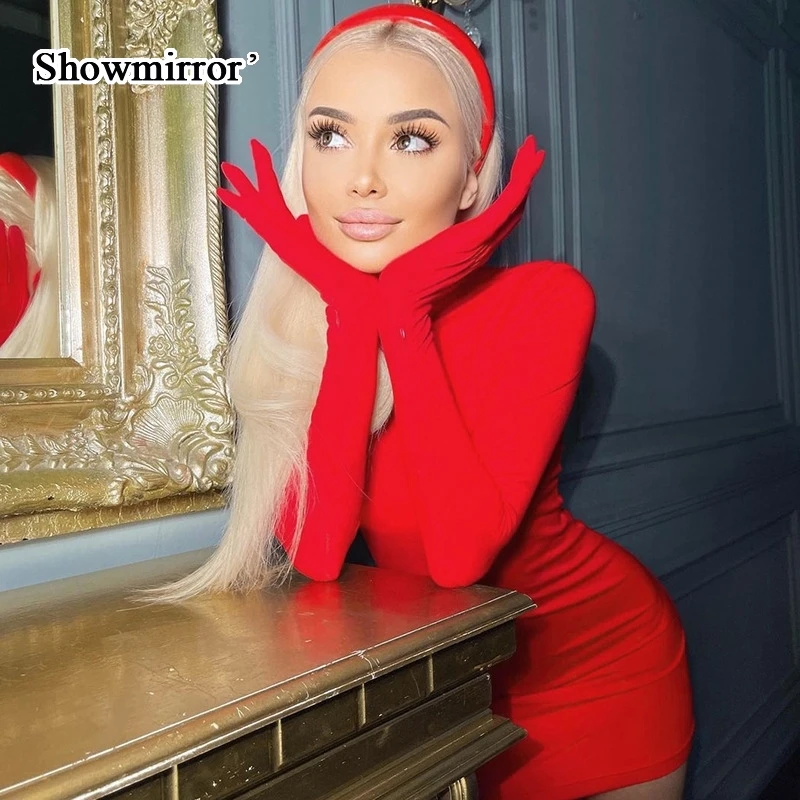 

Элегантное красное платье Showmirror с длинным рукавом и перчатками, однотонное мини-платье, осень, день рождения, вечеринка, Клубные женские обл...