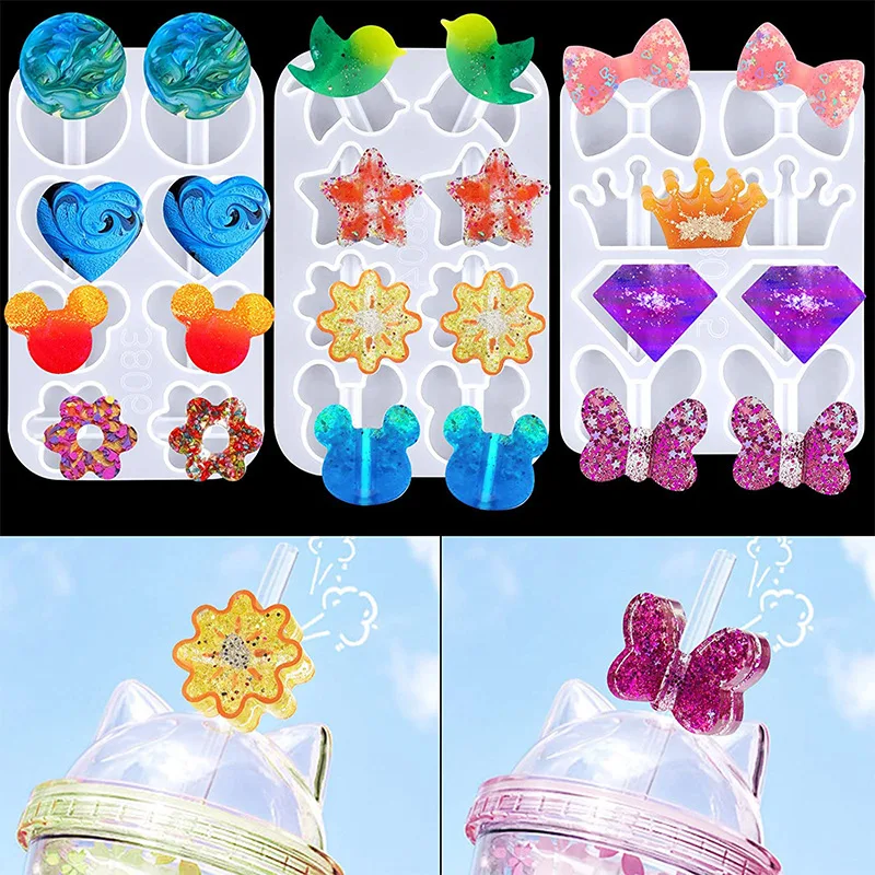 Straw Topper Molds Silicone Epoxy Resin Casting Moulds Diamond Crown Shape Mold for Straw Topper Keychain Backpack Decoration