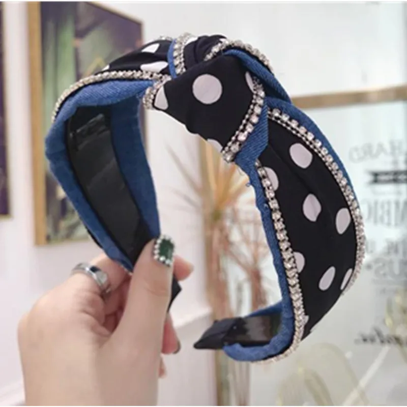 

Women Denim Dots Print Crystals Headbands Hairband Color Blocking Denim Wide Head Band Adults Top Knot Bow Headband Hair Hoop