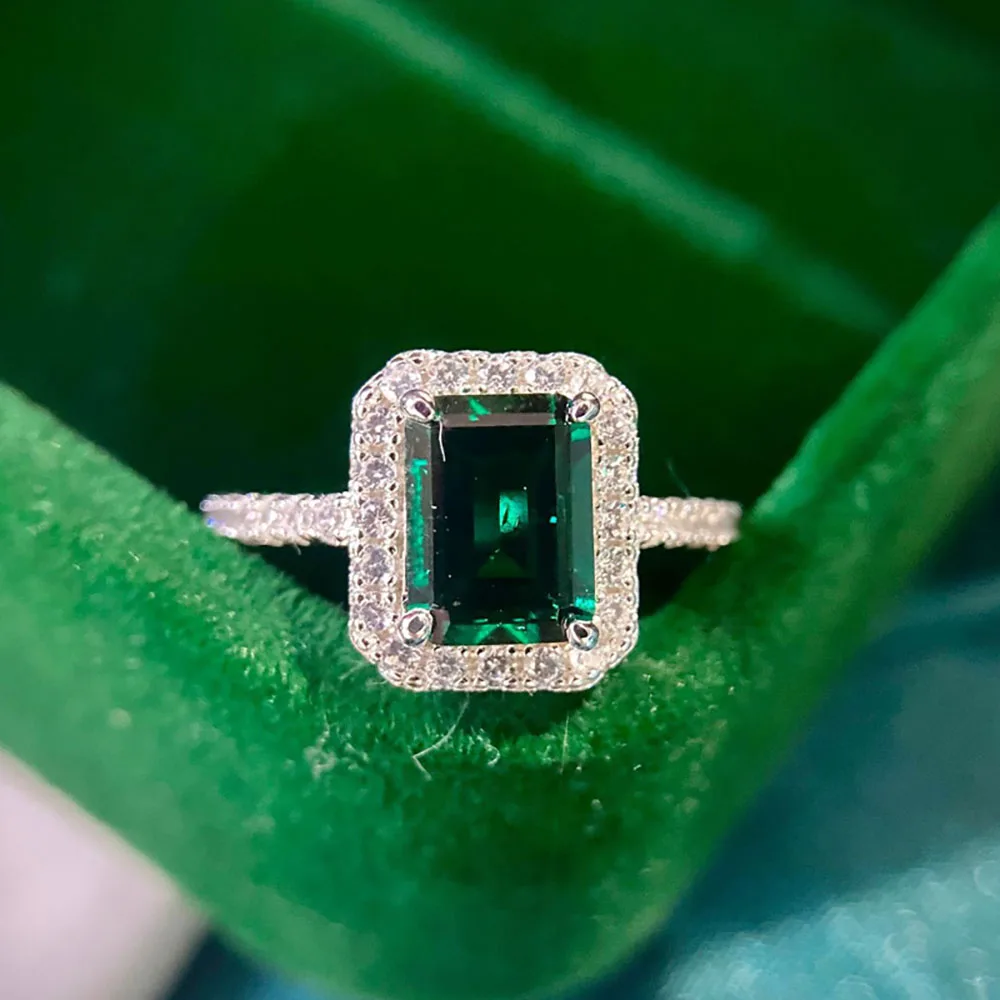

Vintage 100% Sparkling Silver Simulation Emerald Gemstone Rings Sparking Created Moissanite Diamond Fine Jewelry Gift for Women