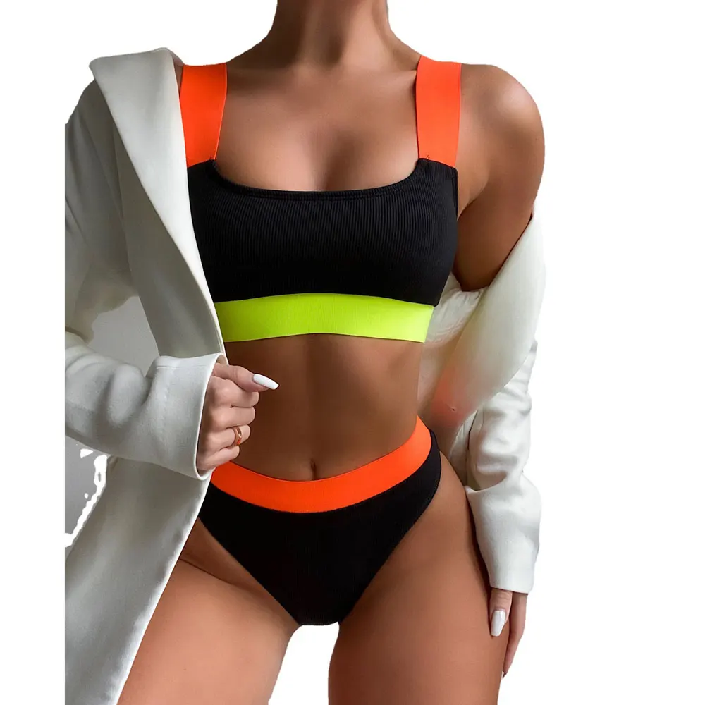 

Patchwork Bathing Suits Woman 2021 High Waist Biquini Wire Free Three Colors Neon Green Two Piece Sets Tank Top Brazilian Bikini
