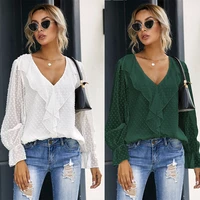 office lady ruffles solid color blouse autumn winter 2021 new v neck long lantern sleeve loose pullovers shirt womens clothing