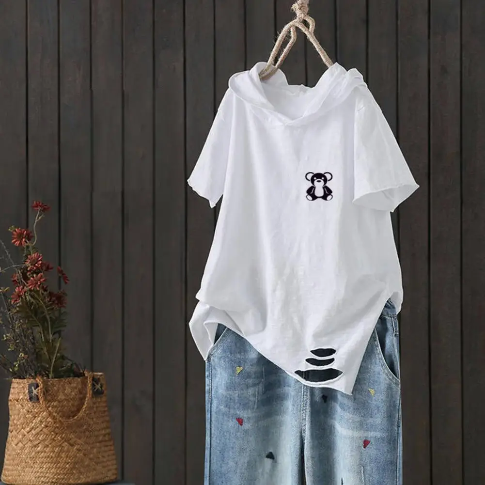 Летняя модная женская футболка с капюшоном свободная коротким рукавом и рваным