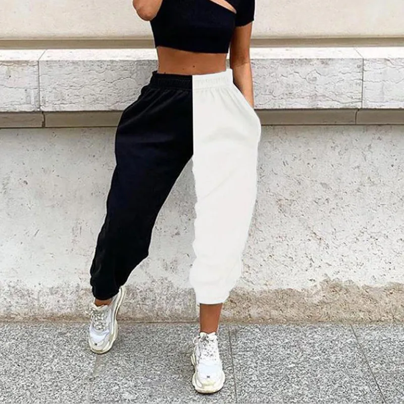 Черно белые брюки в стиле хип хоп женские повседневные спортивные штаны с