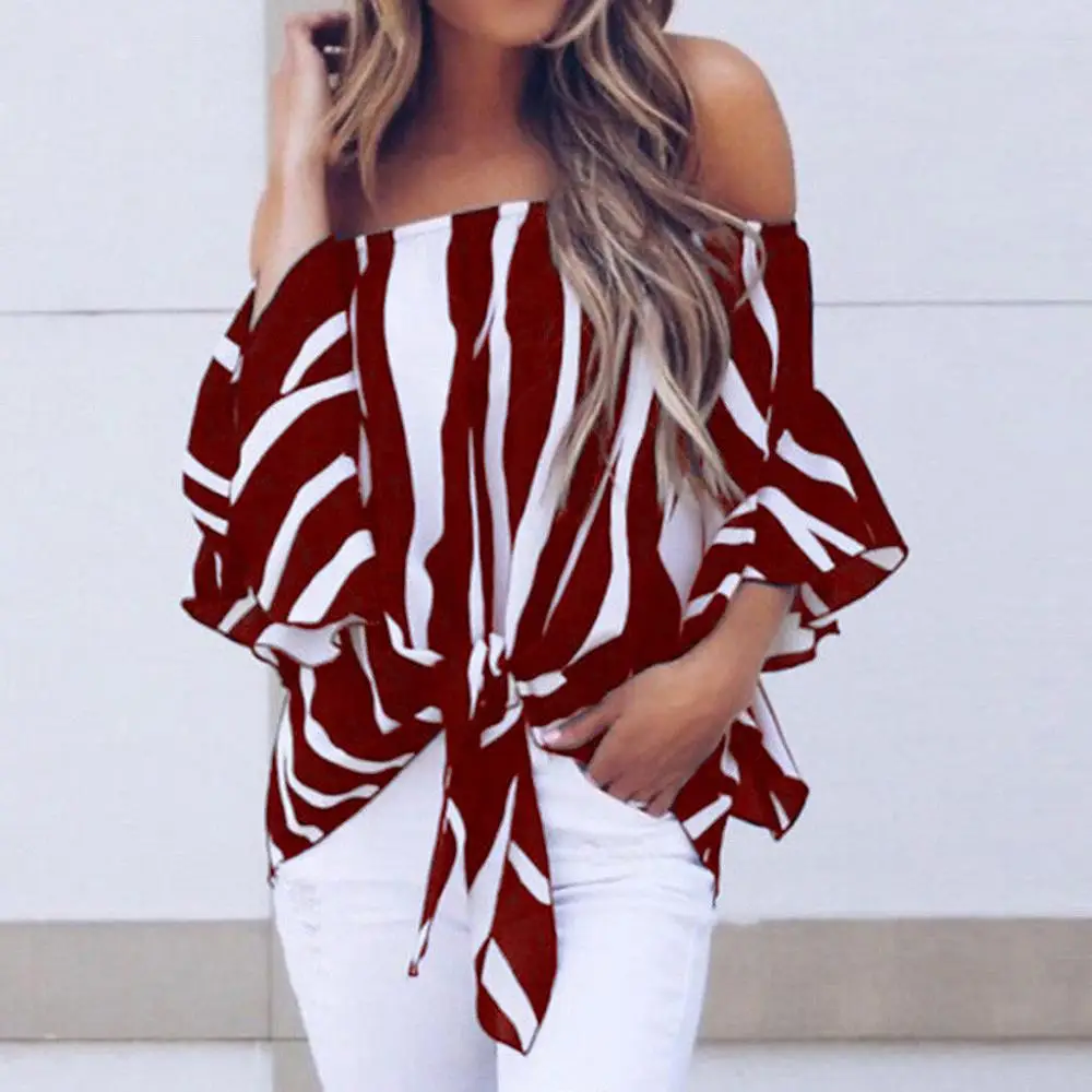 Женские Полосатые блузки с открытыми плечами 2020 летняя женская черная блузка