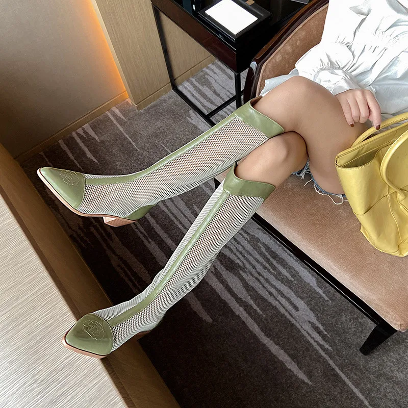 

FEDONAS Back Zipper Knee High Boots Quality Genuine Leather Thick Heels Summer Boots Wedding Party Pointed Toe Shoes Woman