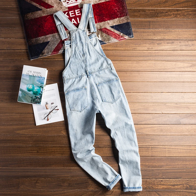 

ABOORUN Men's Print Ripped Denim Bib Overalls Casual Blue Patchwork Suspenders Jumpsuits Jeans