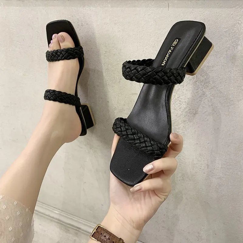 

Occident Style Thick Heel Slides Women 2021 Summer New Shallow Open Toe Weave High Heels Fashion Slipper Women Zapatos De Mujer