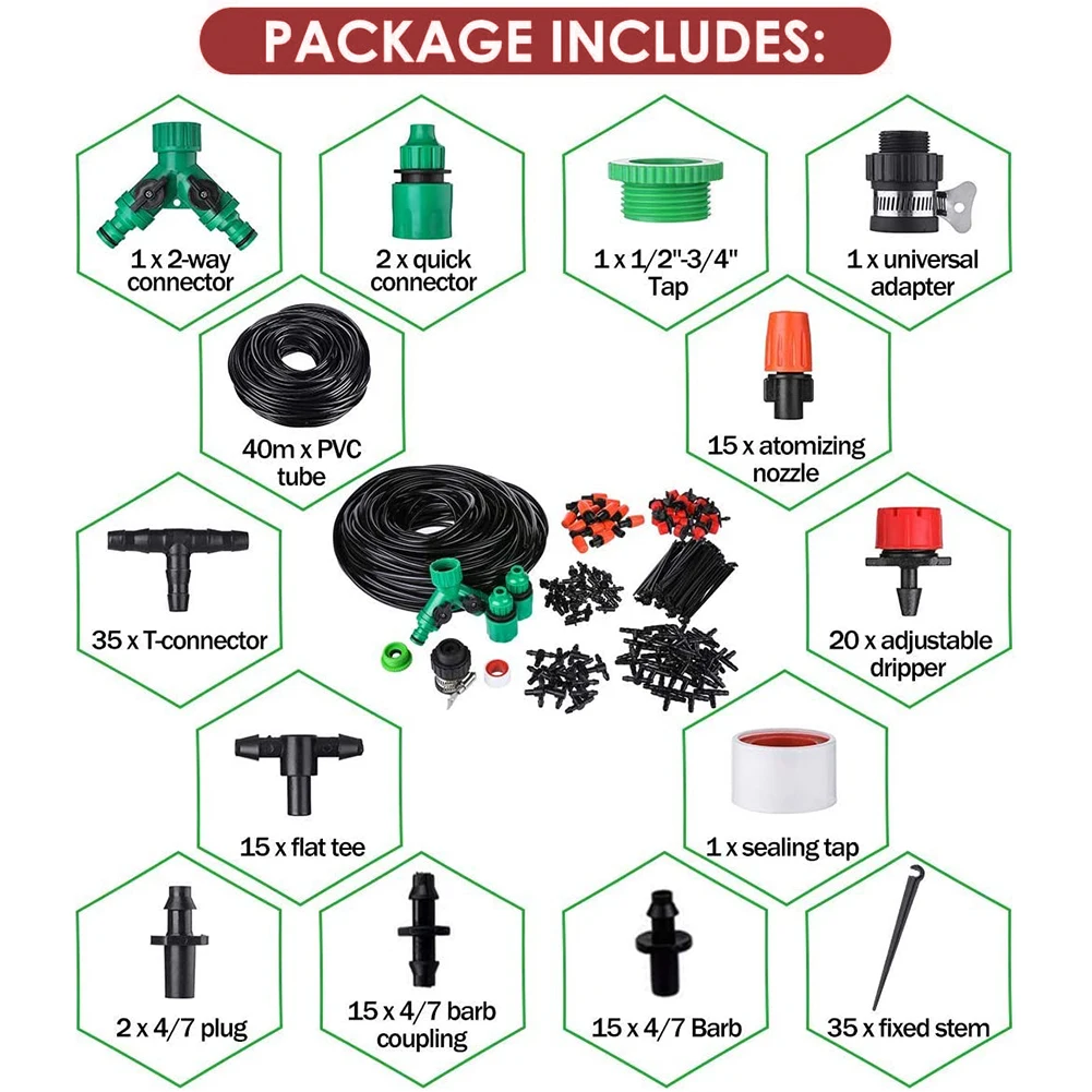 

40M Drip Irrigation System 35 Automatic Watering Irrigation System Kit Garden Hose Micro Drip Watering Kits Adjustable Dripper