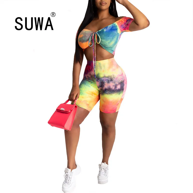

2020 women fashion strapless printing crop top and hot shorts 2 pieces set beach style lady fashion tracksuits
