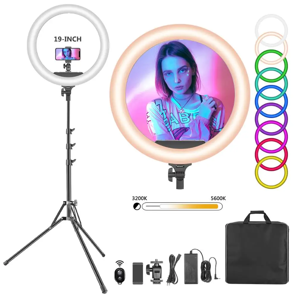 

Светодиодная кольцевая лампа Neewer, 19 дюймов, 60 Вт, двухцветная, 3200-5600K, CRI 95 +, со специальным эффектом для селфи