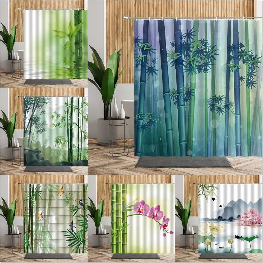 

Комплект занавески для душа с зелеными растениями, бамбуковый Цветочный декор для ванной комнаты, ткань для ванной с китайским ландшафтом, ...