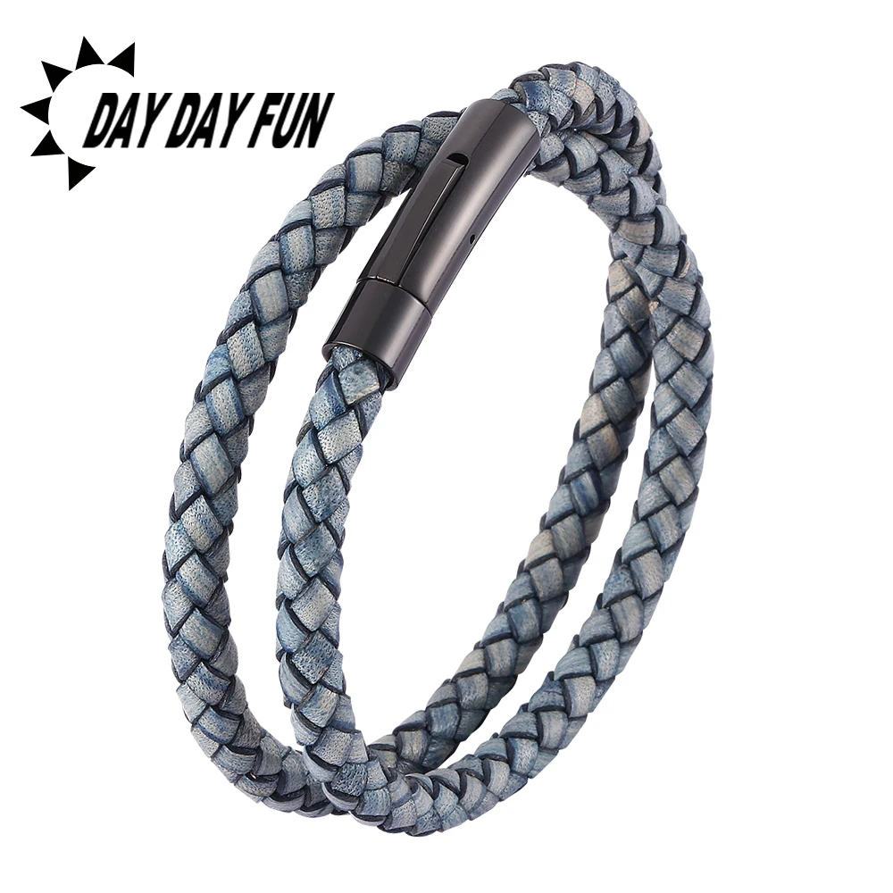 Модные защелки из нержавеющей стали ретро синий плетеный кожаный двойной