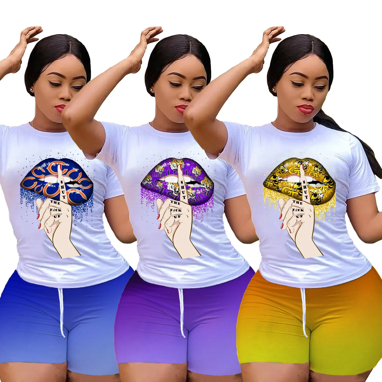 

2021 New Women Outfits Two Piece Suit Fashion Lip Print Top And Shorts Tracksuits