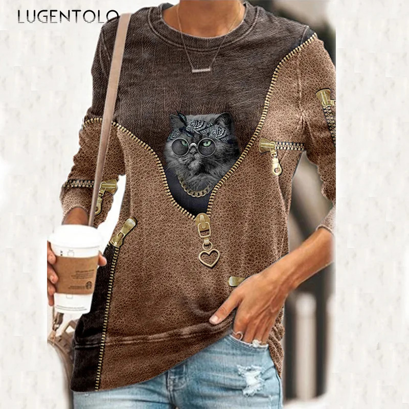 

Lugentolo Sweatshirt Women Casual Large Size Spring Tops Long-sleeved Animal Print Loose O-neck Female Simple Sweatshirts