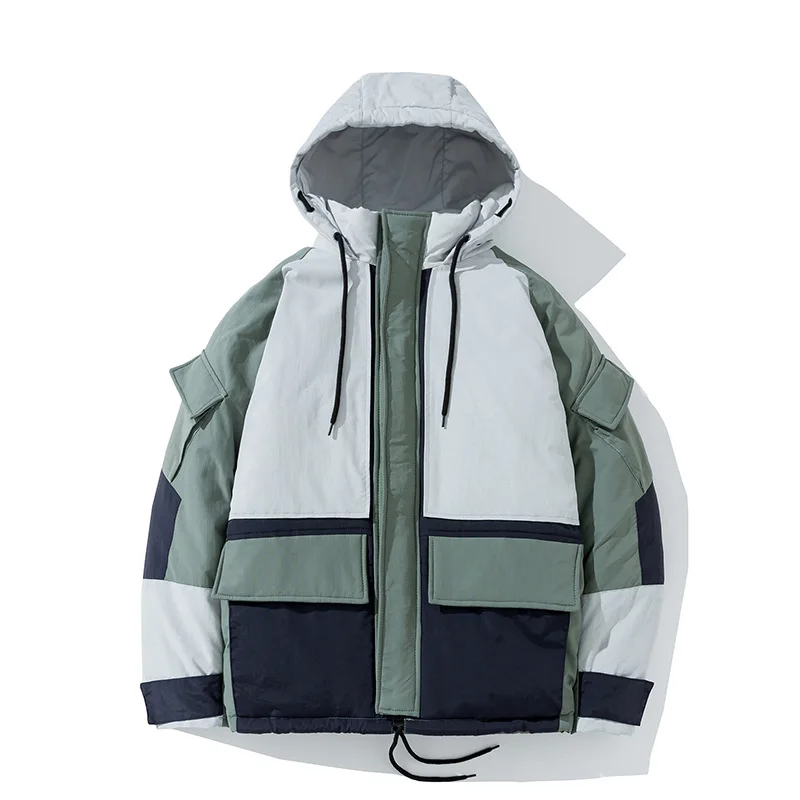 New Men's Cotton-padded Jacket Korean Version of Color-blocking Winter Thick Warmth Hooded Young Couple Tooling Men's Clothing