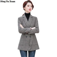 ladies elegant houndstooth double breasted wool blazer long sleeve with belt womens plaid formal long woolen jackets coats