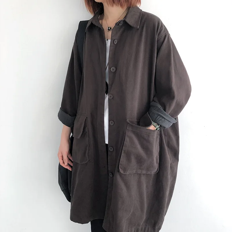 

Long Jacket New Autumn For Women Loose Cotton Windbreaker Female Single-Breasted Solid Color Trench Coat Jacket Leisure