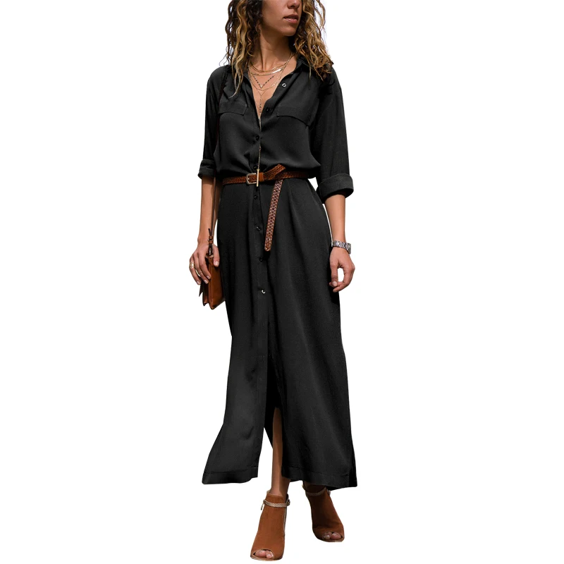 

Summer Women Shirt Dress Solid Color Turn Down Collar Long Sleeve Elegant Office Work Wear Temperament Ladies Dresses