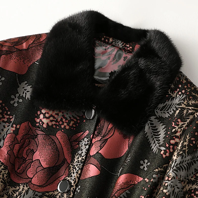 Genuine Sheep Leather Coats for Mother Mink POLO Collar Print Flower Single Breasted Women Overcoats Winter Warm 4XL 5XL Outwear