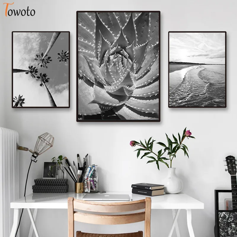 Черно-белый пейзаж с принтом листьев пальмы кактуса холст живопись лес море